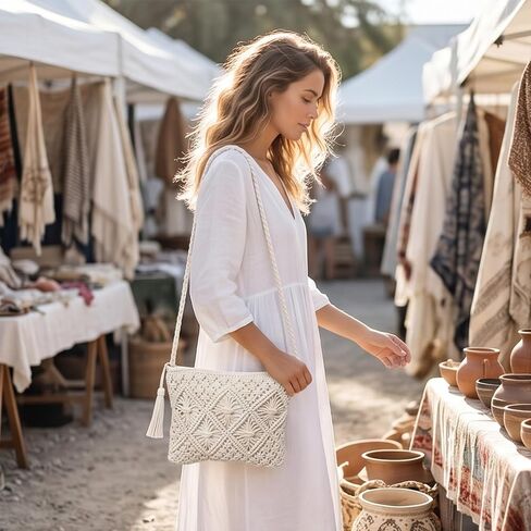 1Pcs Crossbody Handbags for Women Boho Handwoven Shoulder Crochet Purse with Tassel for Summer Beach Travel in Saudi Arabia