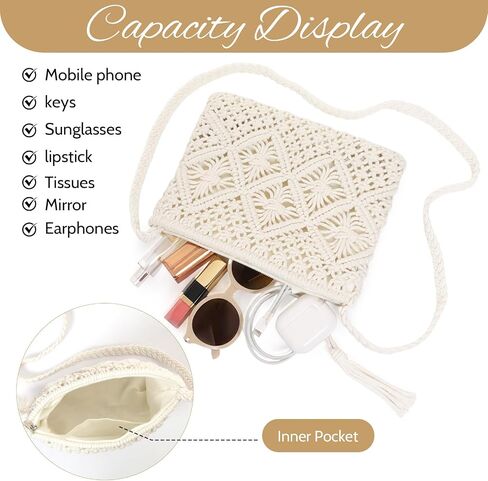 1Pcs Crossbody Handbags for Women Boho Handwoven Shoulder Crochet Purse with Tassel for Summer Beach Travel in Saudi Arabia