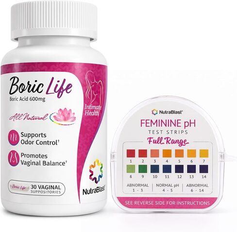 NutraBlast Boric Acid Vaginal Suppositories 600mg (30 Count) & Feminine pH Test Strips 1-14 (100-Tests Roll) | Monitor Feminine Intimate Health | Acidity & Alkalinity Balance in Saudi Arabia