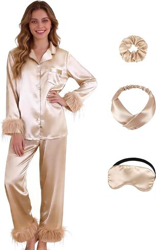 DOLOS Silk Satin Pajama Set for Women 2Pcs Bride Bridesmaid Pajamas with Feather Trim Long Sleeve Button Down Loungewear in Saudi Arabia