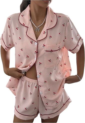 طقم بيجامة SweatyRocks للنساء مكون من قطعتين من قميص Gingham Lounge بأزرار مع شورت in Kuwait