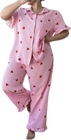 WDIRARA Women's Plus Size Heart Print Striped Pajama Set Button Down Short Sleeve Sleepwear Pants Pjs Set in Kuwait