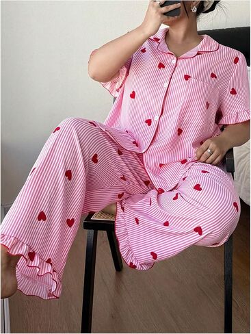 WDIRARA Women's Plus Size Heart Print Striped Pajama Set Button Down Short Sleeve Sleepwear Pants Pjs Set in Kuwait