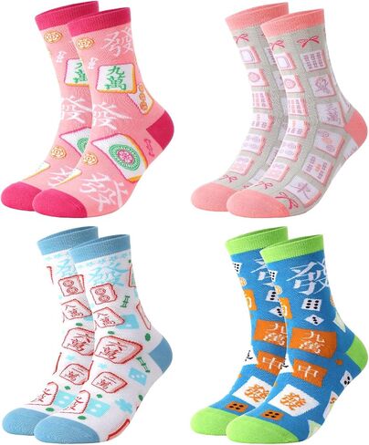 4 Pairs Mahjong Socks for Women Lucky Mah Jong Themed Socks with Novelty Pattern Chinese New Year Holiday Birthday Gifts for Mahjong Lovers in Saudi Arabia