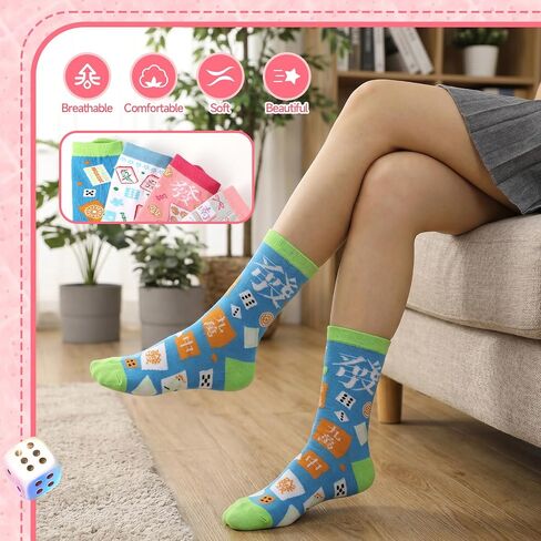 4 Pairs Mahjong Socks for Women Lucky Mah Jong Themed Socks with Novelty Pattern Chinese New Year Holiday Birthday Gifts for Mahjong Lovers in Saudi Arabia