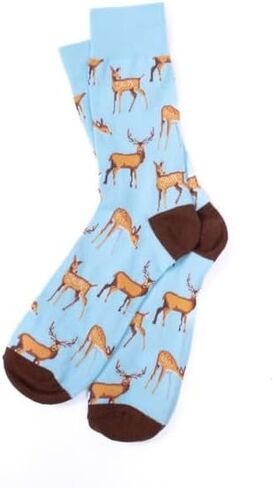 Novelty Deer Fawn Buck Cotton Blend Crew Socks, Light Blue and Brown, Size 10-13 in Kuwait