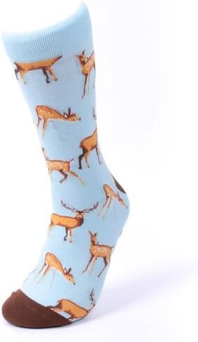 Novelty Deer Fawn Buck Cotton Blend Crew Socks, Light Blue and Brown, Size 10-13 in Kuwait