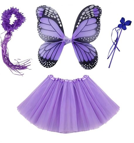 4 PC Girls Fairy Wings Butterfly Costume Set with Wings, Tutu, Wand & Halo in Kuwait
