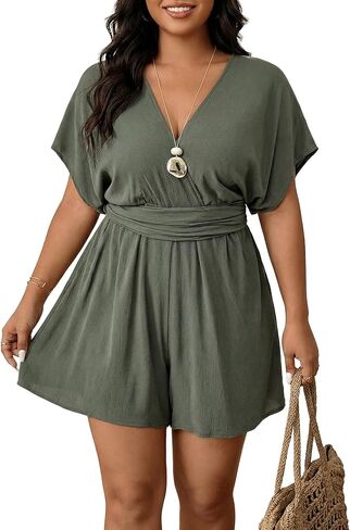 Women's Plus Size Wrap Deep V Neck Rompers Summer Wide Leg Short Jumpsuits Beach Vacation Clothes in Kuwait