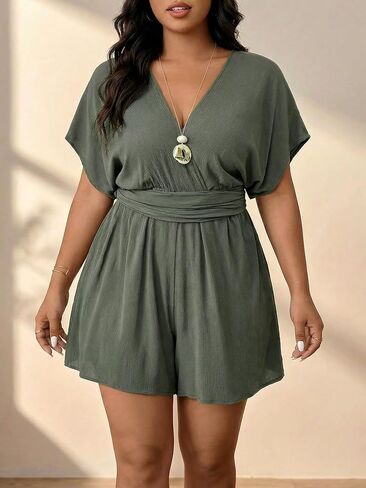 Women's Plus Size Wrap Deep V Neck Rompers Summer Wide Leg Short Jumpsuits Beach Vacation Clothes in Kuwait
