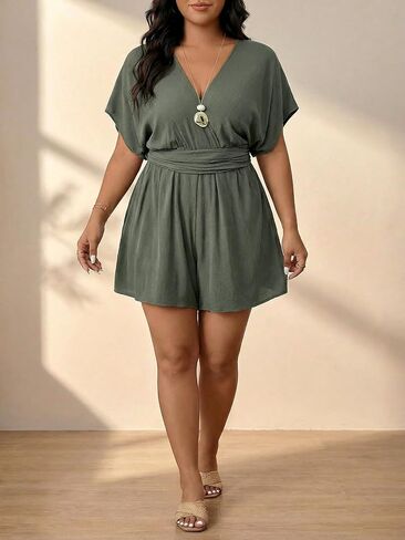 Women's Plus Size Wrap Deep V Neck Rompers Summer Wide Leg Short Jumpsuits Beach Vacation Clothes in Kuwait