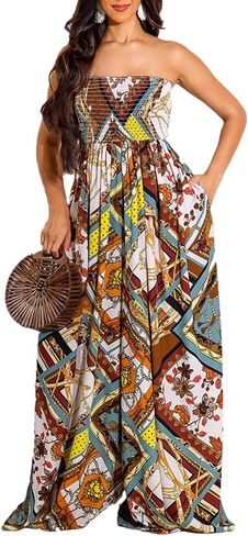 Women's Summer Boho Jumpsuits Strapless Tube Wide Leg Smocked Flowy Long Pants Rompers One Piece Outfits in Saudi Arabia