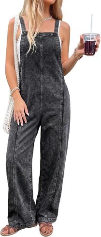 Women's Wide Leg Denim Overalls Loose Fit Washed Black Bib Jumpsuit Casual Summer Outfit in Saudi Arabia