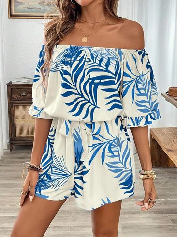 Women's Tropical Print Off-Shoulder Romper Ruffle Sleeve Tie Waist Summer Jumpsuit in Kuwait