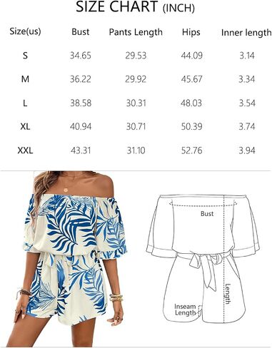 Women's Tropical Print Off-Shoulder Romper Ruffle Sleeve Tie Waist Summer Jumpsuit in Kuwait