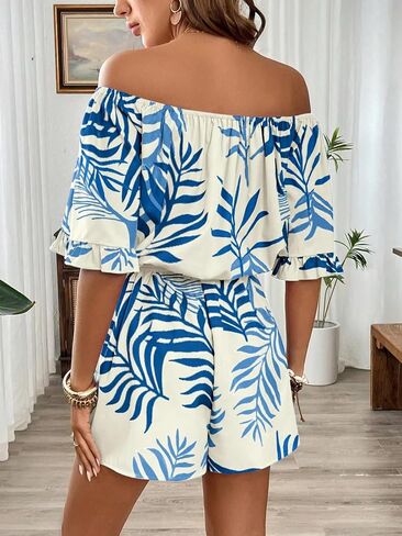Women's Tropical Print Off-Shoulder Romper Ruffle Sleeve Tie Waist Summer Jumpsuit in Kuwait
