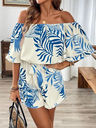 Women's Tropical Print Off-Shoulder Romper Ruffle Sleeve Tie Waist Summer Jumpsuit in Kuwait