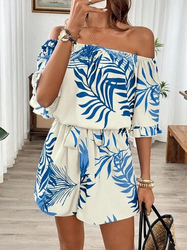 Women's Tropical Print Off-Shoulder Romper Ruffle Sleeve Tie Waist Summer Jumpsuit in Kuwait