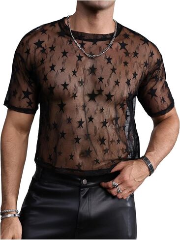 BEAUDRM Men's Star Graphic Mesh Sheer Tee Shirt Crew Neck Short Sleeve Party Going Out Tops in Saudi Arabia