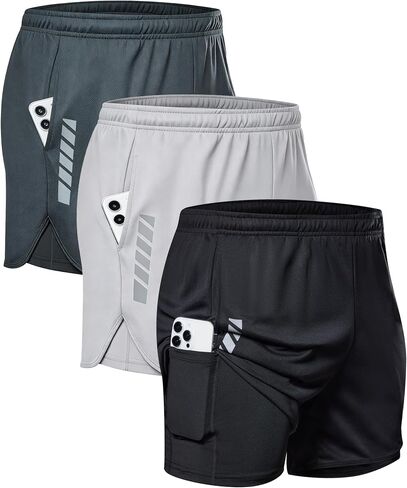 Mens 2in1 Running Short with Liner, Quick Dry Mesh Athletic Shorts with 3 Pockets, Workout Shorts for Gym Basketball in Saudi Arabia
