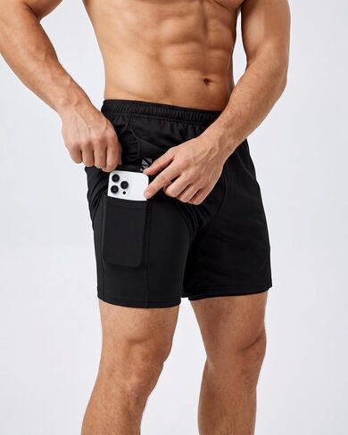 Mens 2in1 Running Short with Liner, Quick Dry Mesh Athletic Shorts with 3 Pockets, Workout Shorts for Gym Basketball in Saudi Arabia