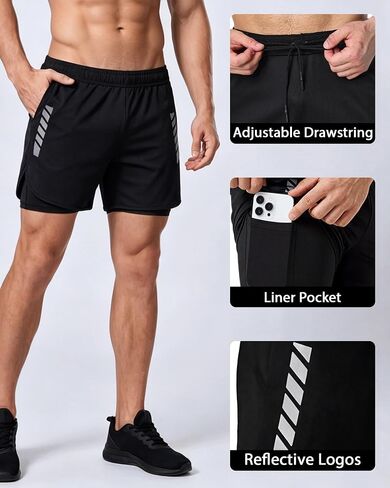 Mens 2in1 Running Short with Liner, Quick Dry Mesh Athletic Shorts with 3 Pockets, Workout Shorts for Gym Basketball in Saudi Arabia