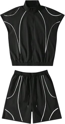 OYOANGLE Men's Y2K 2 Piece Outfits Contrast Binding Zip Up Sleeveless Top and Drawstring Shorts Tracksuits in Kuwait