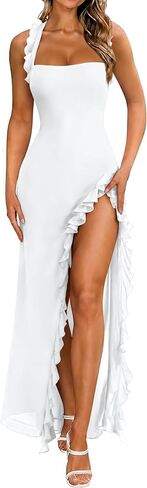 XXTAXN Women's Mesh Formal Elegant Tank Sleeveless Split Ruffle Hem Wedding Guest Maxi Dress in Saudi Arabia