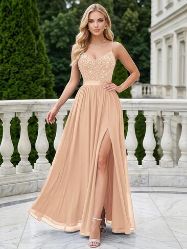 Miusol Women's Elegant V-Neck Sequin High Slit Bridesmaid Party Long Gown in Kuwait