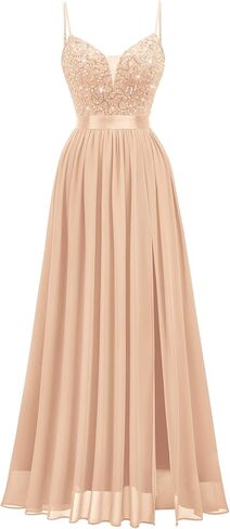 Miusol Women's Elegant V-Neck Sequin High Slit Bridesmaid Party Long Gown in Kuwait