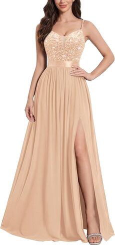 Miusol Women's Elegant V-Neck Sequin High Slit Bridesmaid Party Long Gown in Kuwait