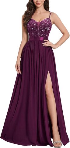 Miusol Women's Elegant V-Neck Sequin High Slit Bridesmaid Party Long Gown in Kuwait