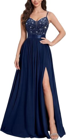 Miusol Women's Elegant V-Neck Sequin High Slit Bridesmaid Party Long Gown in Kuwait