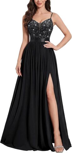 Miusol Women's Elegant V-Neck Sequin High Slit Bridesmaid Party Long Gown in Kuwait