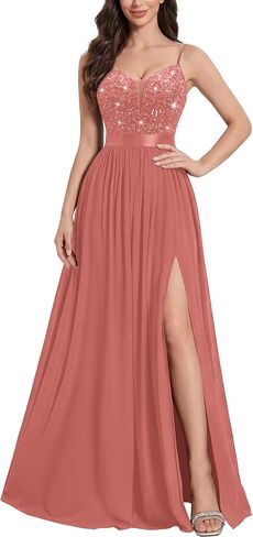 Miusol Women's Elegant V-Neck Sequin High Slit Bridesmaid Party Long Gown in Kuwait