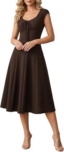 Women's Tie Front Cap Sleeve Maxi Dress Vintage Sweetheart Neckline A Line Flowy Wedding Guest Dresses in Kuwait