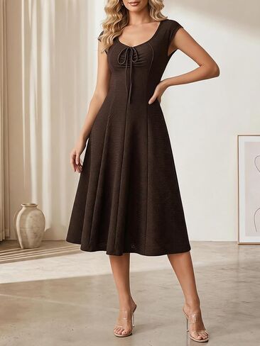 Women's Tie Front Cap Sleeve Maxi Dress Vintage Sweetheart Neckline A Line Flowy Wedding Guest Dresses in Kuwait