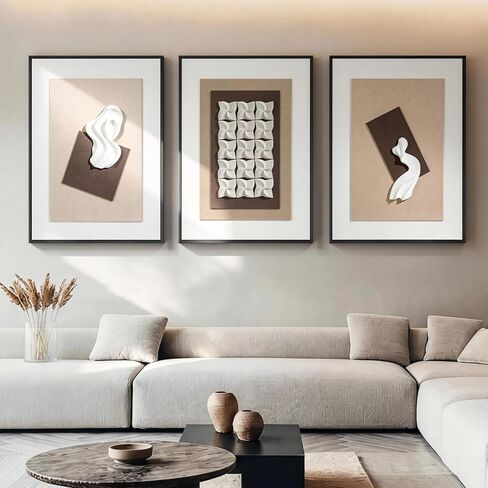 Vaskuro Extra Large Wooden Framed Sandstone Textured Wall Art, 3D Sculpture Minimalist Abstract Neutral Decor, Black White Brown, Living Dining Room Office,3pcs,32x24in in Kuwait
