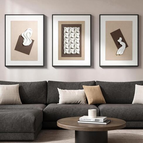 Vaskuro Extra Large Wooden Framed Sandstone Textured Wall Art, 3D Sculpture Minimalist Abstract Neutral Decor, Black White Brown, Living Dining Room Office,3pcs,32x24in in Kuwait