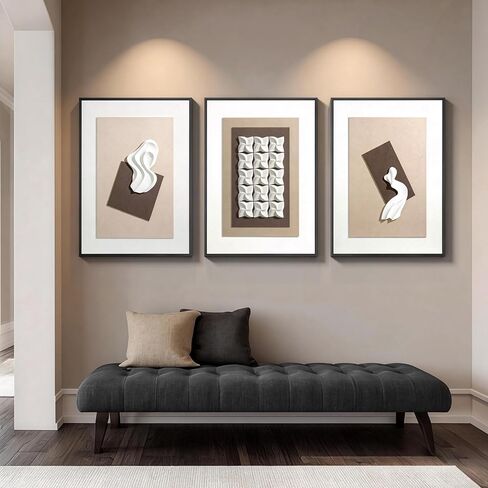 Vaskuro Extra Large Wooden Framed Sandstone Textured Wall Art, 3D Sculpture Minimalist Abstract Neutral Decor, Black White Brown, Living Dining Room Office,3pcs,32x24in in Kuwait