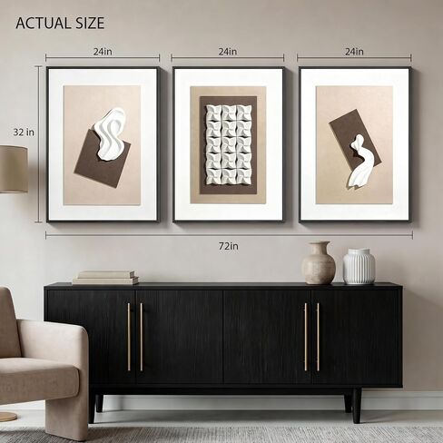 Vaskuro Extra Large Wooden Framed Sandstone Textured Wall Art, 3D Sculpture Minimalist Abstract Neutral Decor, Black White Brown, Living Dining Room Office,3pcs,32x24in in Kuwait