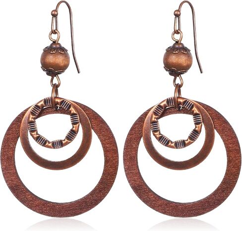 Boho Wooden Dangle Earrings Brown Circle Wood Earrings Lightweight Vintage Carved Drop Earring for Women Jewelry in Kuwait