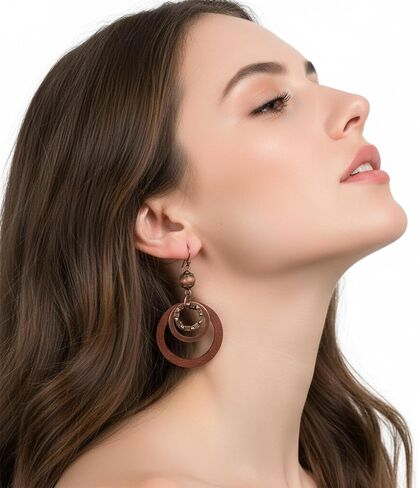 Boho Wooden Dangle Earrings Brown Circle Wood Earrings Lightweight Vintage Carved Drop Earring for Women Jewelry in Kuwait