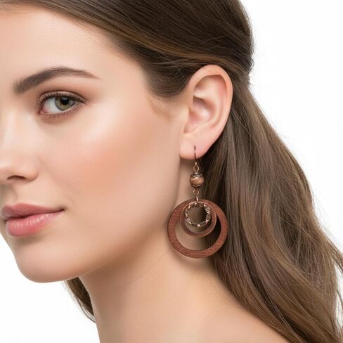 Boho Wooden Dangle Earrings Brown Circle Wood Earrings Lightweight Vintage Carved Drop Earring for Women Jewelry in Kuwait