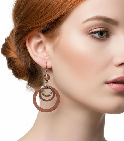 Boho Wooden Dangle Earrings Brown Circle Wood Earrings Lightweight Vintage Carved Drop Earring for Women Jewelry in Kuwait