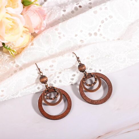 Boho Wooden Dangle Earrings Brown Circle Wood Earrings Lightweight Vintage Carved Drop Earring for Women Jewelry in Kuwait