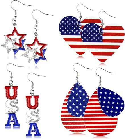 4 Pairs American Independence Day Earrings, 4th of July Patriotic Dangle Earrings for Women, Faux Leather and Alloy USA Flag and Stars Style Jewelry in Kuwait