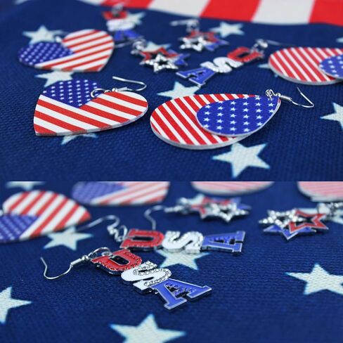4 Pairs American Independence Day Earrings, 4th of July Patriotic Dangle Earrings for Women, Faux Leather and Alloy USA Flag and Stars Style Jewelry in Kuwait
