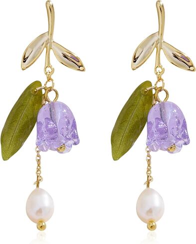 Violet Bell Orchid Pearl Stud Earrings for Women Simple Bell Orchid Flower Tassel Dangle Drop Earrings Wedding Party Daily Jewelry Gifts in Saudi Arabia