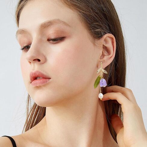 Violet Bell Orchid Pearl Stud Earrings for Women Simple Bell Orchid Flower Tassel Dangle Drop Earrings Wedding Party Daily Jewelry Gifts in Saudi Arabia